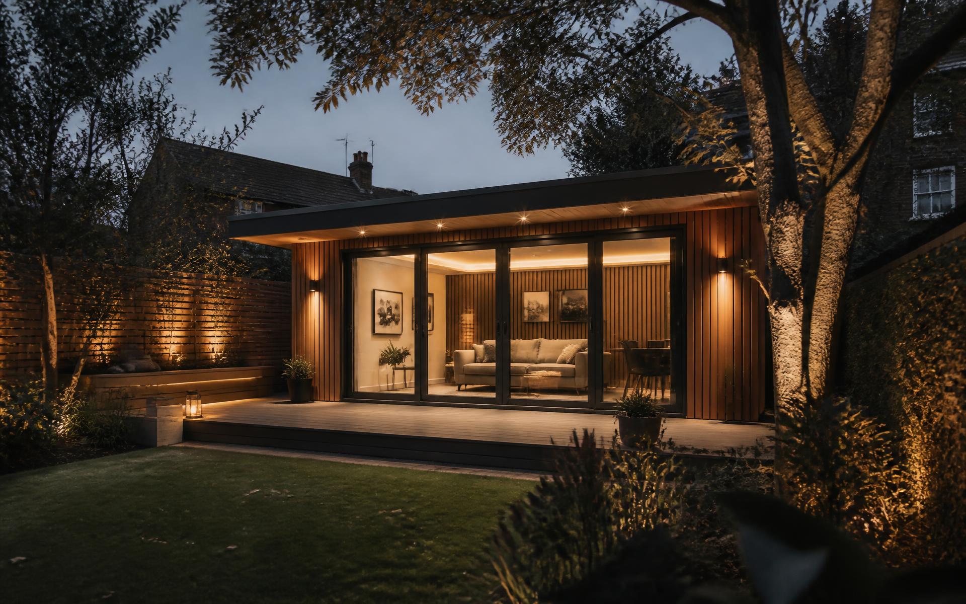 Timber-clad home pod lit at dusk with composite decking